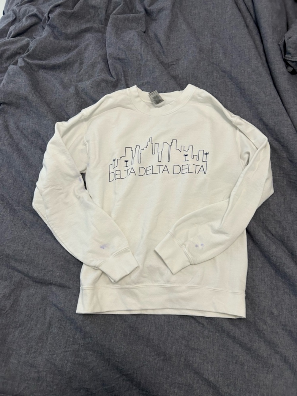 Gildan White Crewneck Sweatshirt with Skyline Delta Delta Delta Graphic